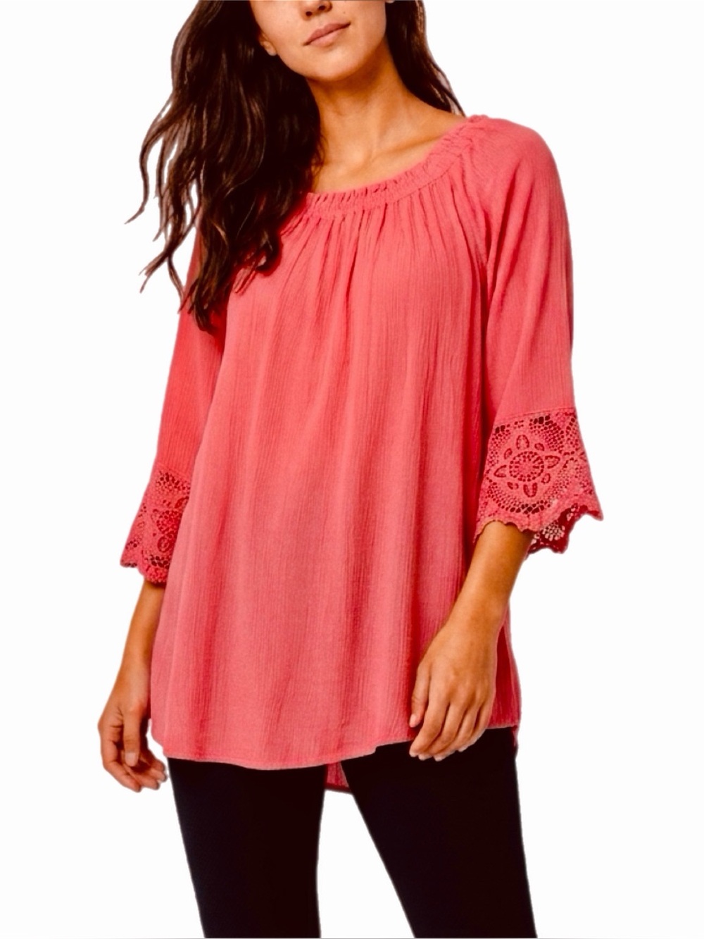 CHELSEA & THEODORE Coral Boho Crochet-Trim Sleeves Tunic Blouse Medium